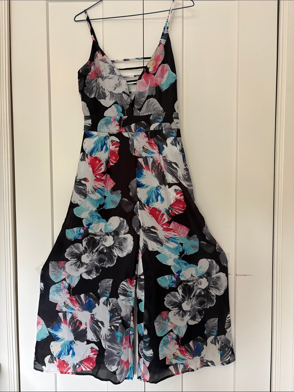 bebe Black Floral Wide-Leg Jumpsuit with Pink & Blue Accents